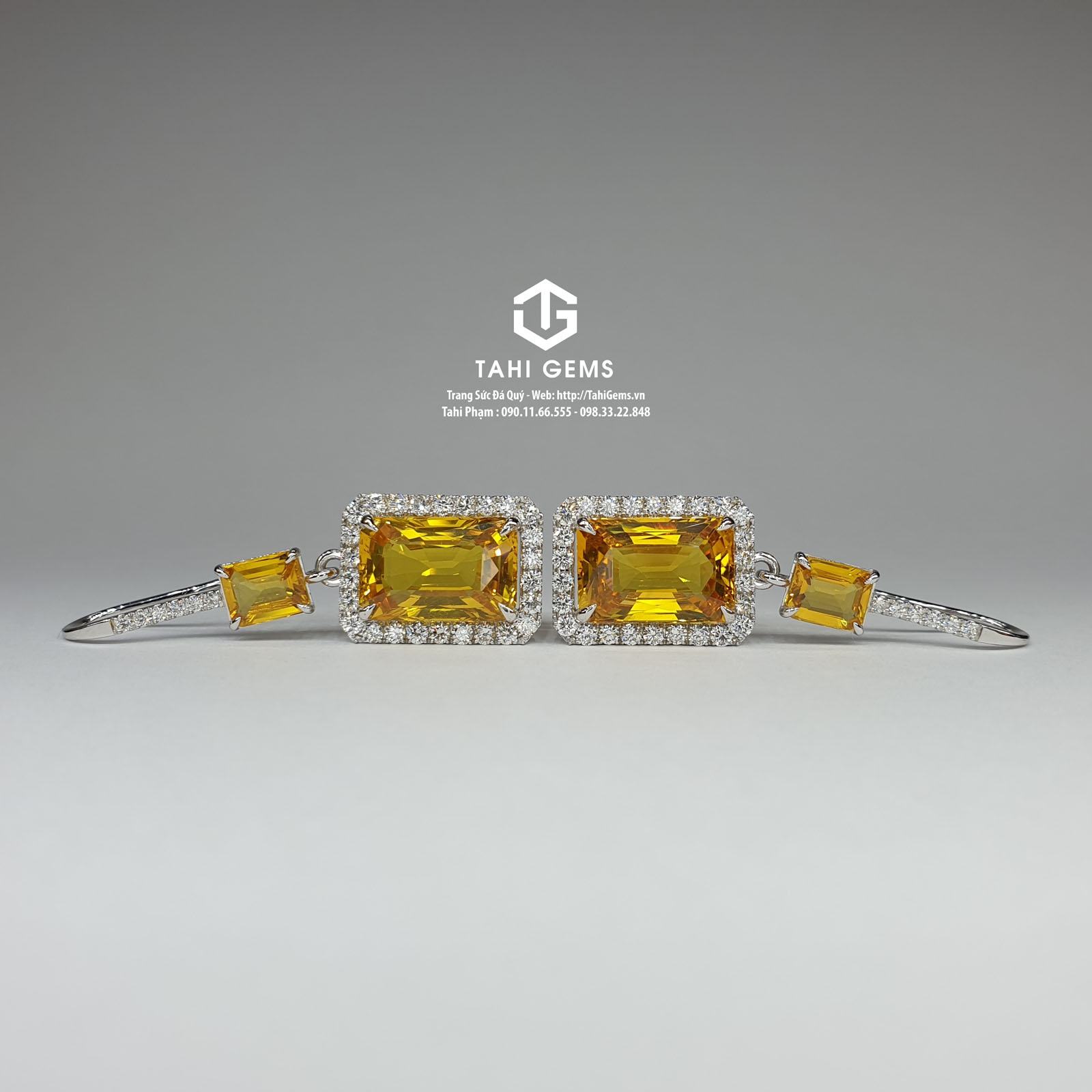 Tahi 5704 – Đôi bông tai đá quý Sapphire vàng mix Kim Cương