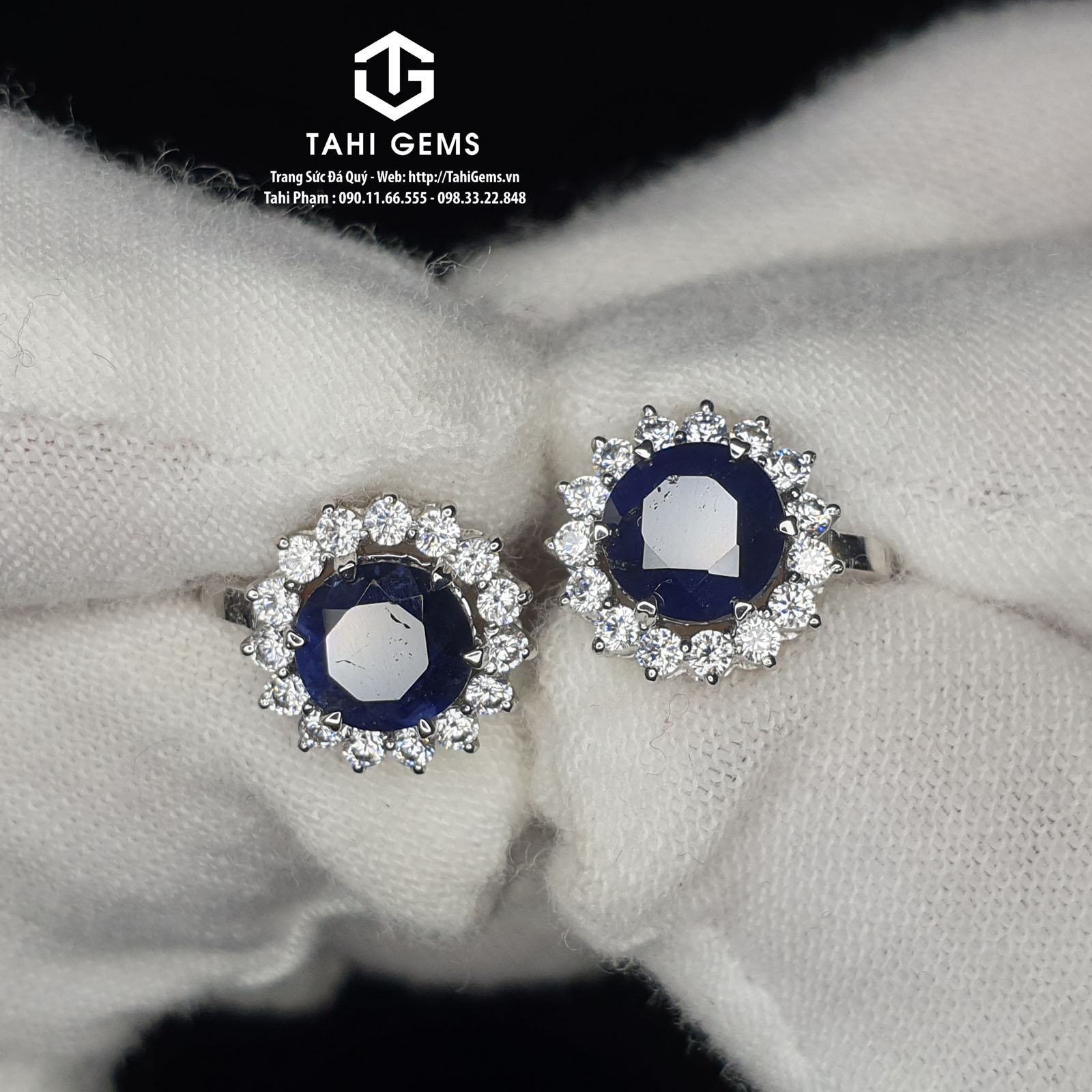 Tahi 5058 – đôi bông tai đá quý Sapphire xanh kết hợp cz mẫu hoa cúc