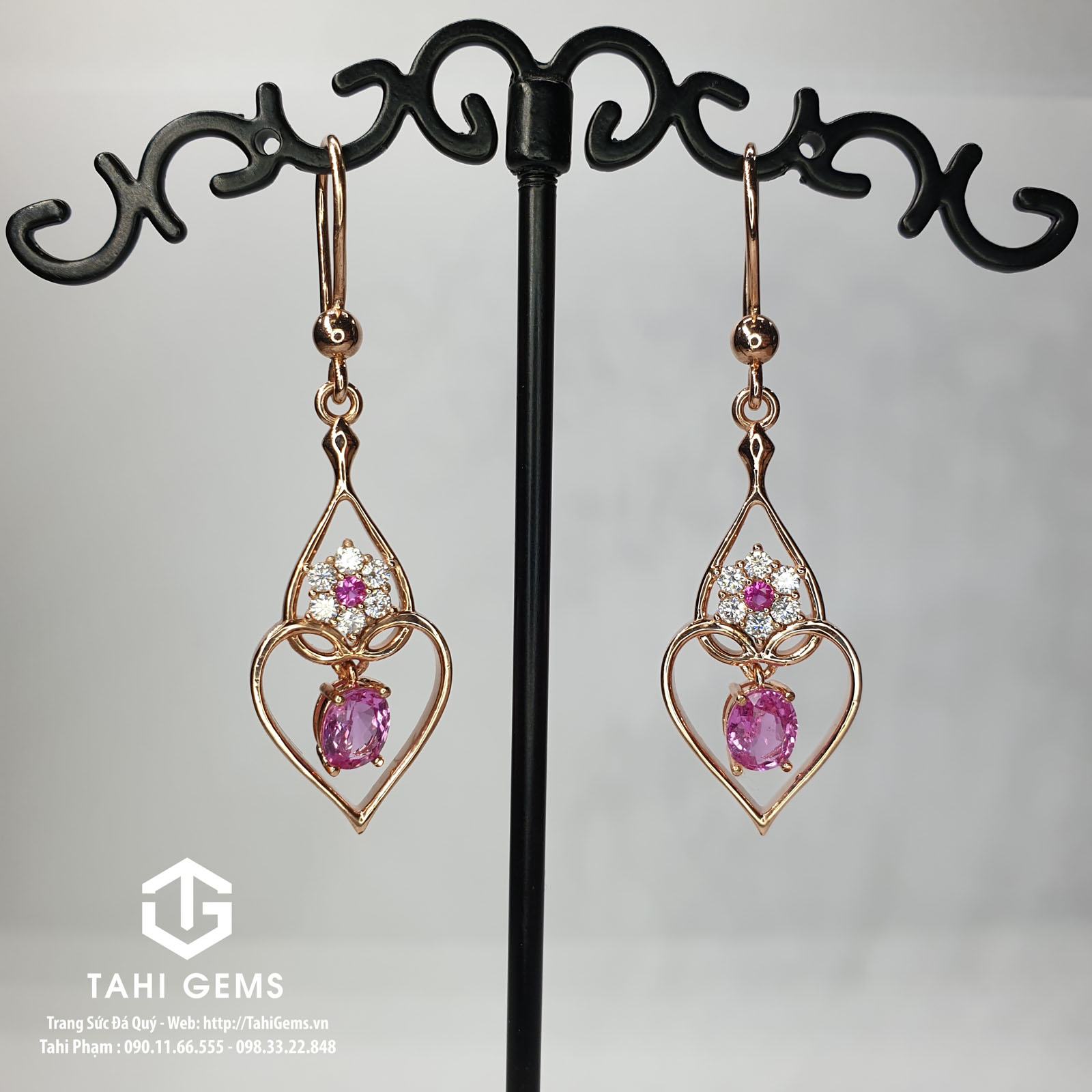 Tahi 5897 – Đôi bông tai trái tim đá quý Sapphire mix Moissanite và Ruby