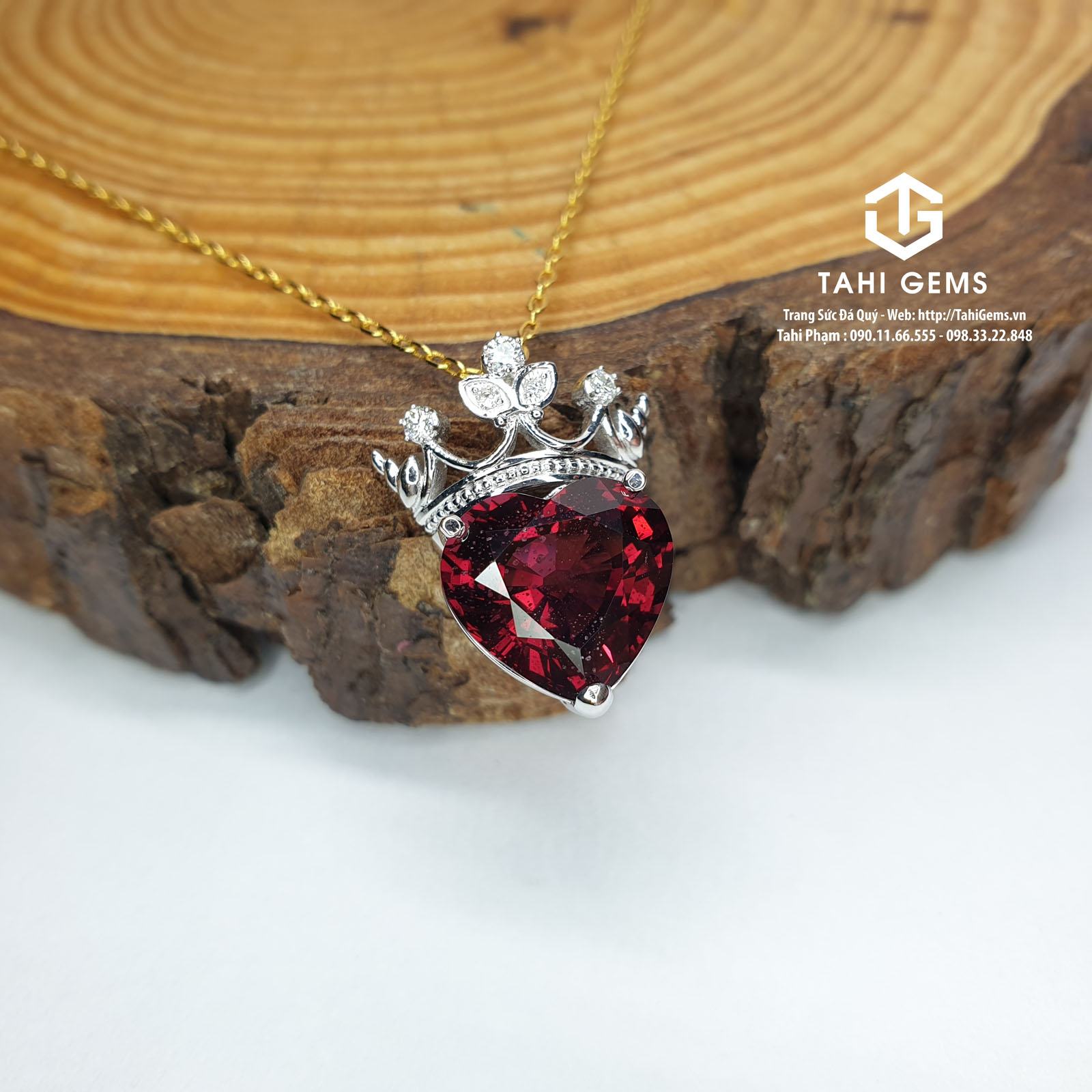 Tahi 5981 – Mặt dây chuyền vương miện trái tim đá quý Garnet mix Diamond