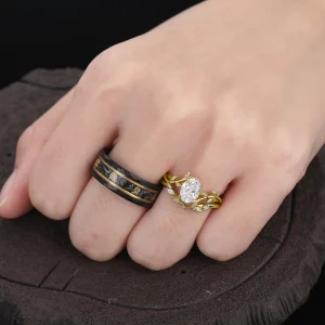 Tahi 185 - Cặp nhẫn cưới Vàng Lá Thiên Thạch và Moissanite Huyền Ảo
