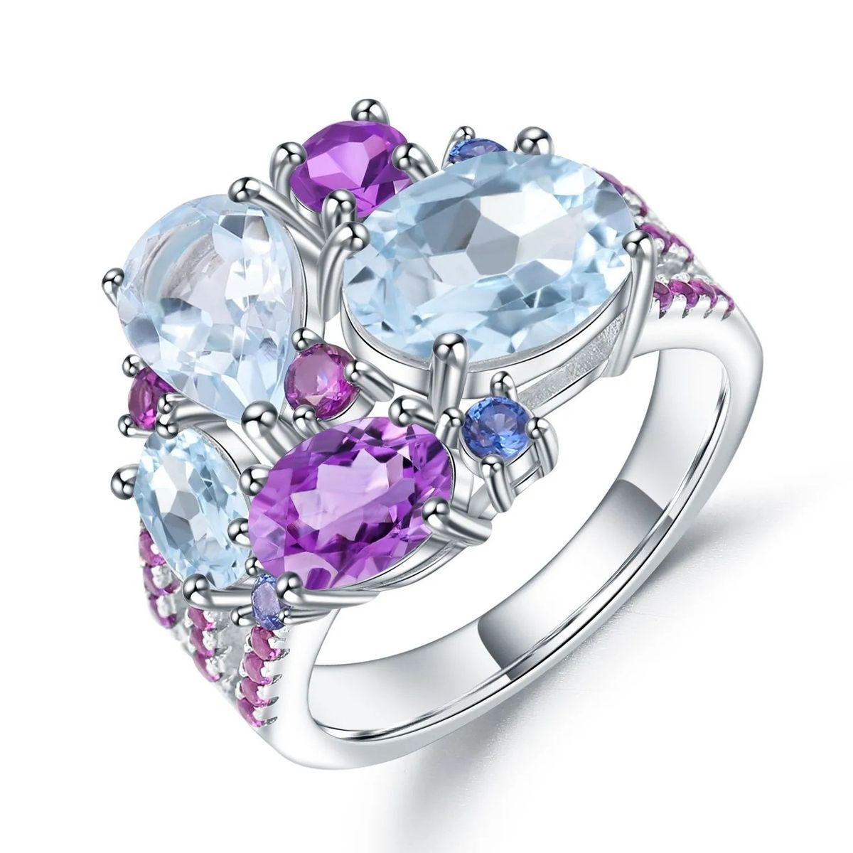 Amethyst tím + Sapphire xanh + Topaz xanh nhạt.
