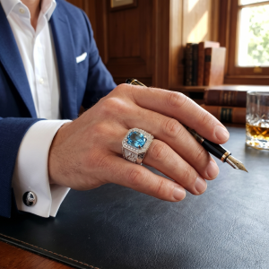 Nhẫn Nam vàng trắng 14k Topaz đính Kim Cương tấm - Tahi7639