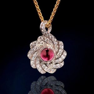 Tahi 347 - Mặt dây chuyền đá quý Tourmaline hồng kết kim cương tấm