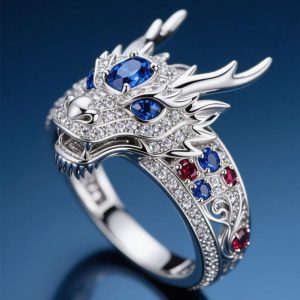 Tahi 579 - Nhẫn nam hình Rồng đá Sapphire nạm Ruby tấm